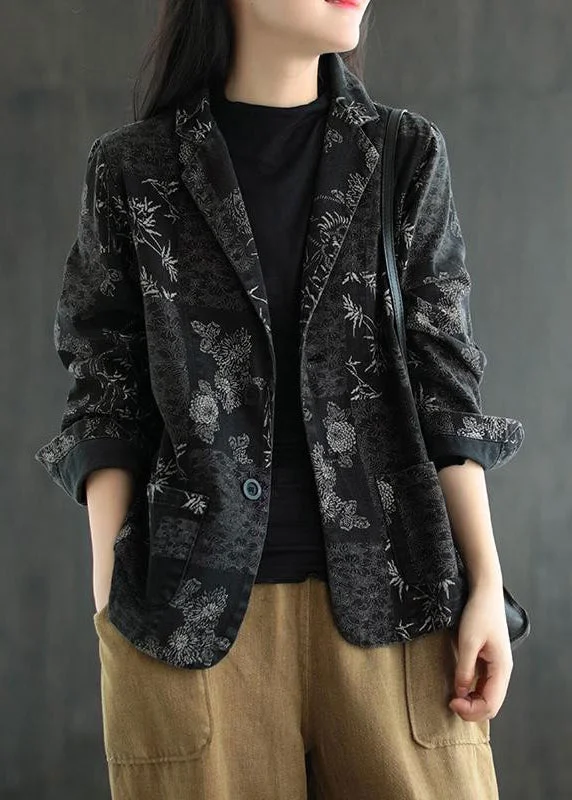 Mid - length women's down coats in a slim fit for a modern and sleek appearanceVogue Black Notched Print Denim Coats Fall Mid - length women's down coats in a slim fit for a modern and sleek appearanceVogue Black Notched Print Denim Coats Fall