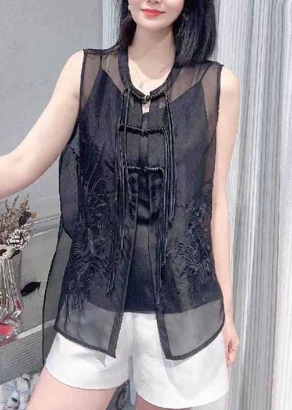 Women's long - sleeve wool coats in a houndstooth pattern for a classic charmVogue Black O-Neck Embroideried Button Silk Waistcoat Summer Women's long - sleeve wool coats in a houndstooth pattern for a classic charmVogue Black O-Neck Embroideried Button Silk Waistcoat Summer