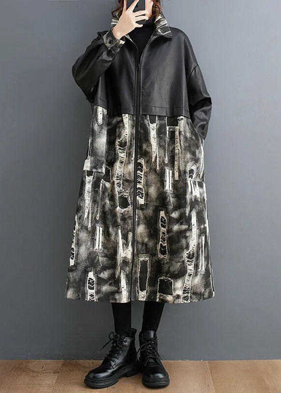 Petite women's wool blend coats with a tailored fit for a flattering silhouetteVogue Black Stand Collar Print Faux Leather Patchwork Long Trench Coats Long Sleeve Petite women's wool blend coats with a tailored fit for a flattering silhouetteVogue Black Stand Collar Print Faux Leather Patchwork Long Trench Coats Long Sleeve