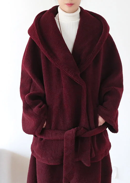 Women's knee - length wool blend coats with a fur collar for added warmthVogue Mulberry Button Pockets Woolen Hooded Coats Long Sleeve