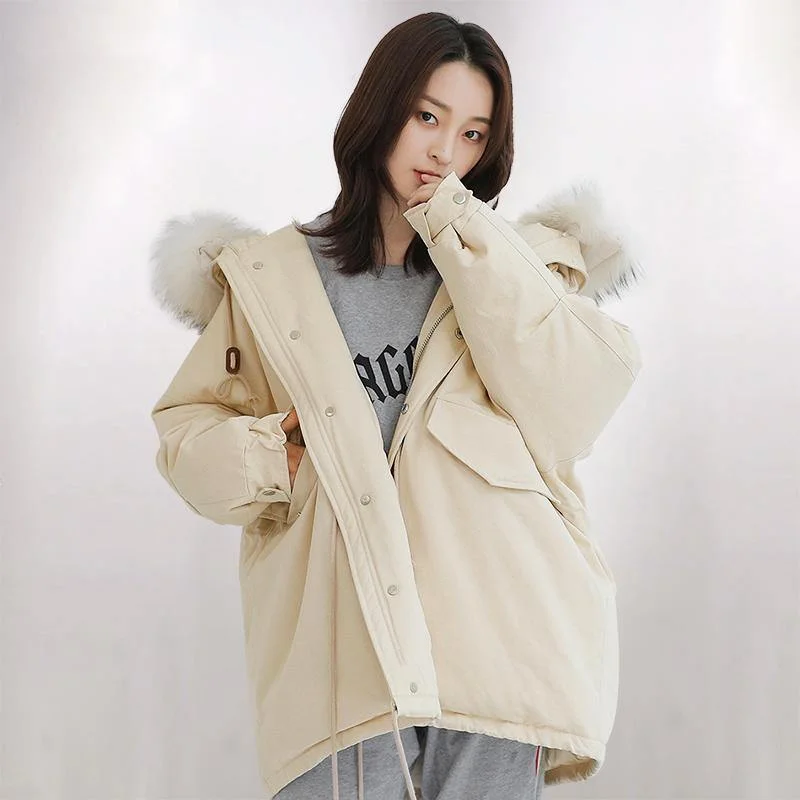 Women's cropped leather coats with silver studs for an edgy lookWarm beige white warm winter coat casual back open winter jacket fur collar Jackets