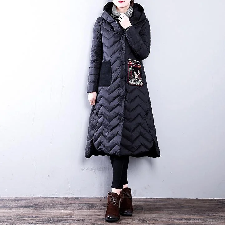 Mid - length women's down coats in a slim fit for a modern and sleek appearanceWarm black down jacket woman casual hooded side openYZ-2018111438