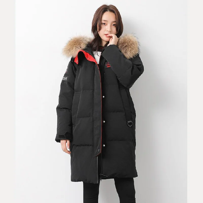 Oversized women's wool coats in a monochromatic look for a trendy outfitWarm black goose Down coat Loose fitting hooded womens parka long sleeve overcoat