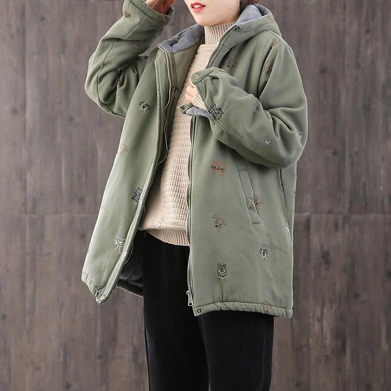 Women's faux fur coats in bright colors for a bold fashion statementWarm green embroidery Parkas for women casual hooded drawstring winter coats