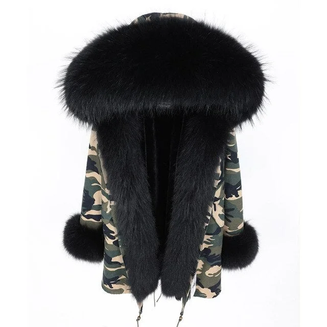 Embroidered women's cotton coats in a bohemian pattern for a unique designWarm Winter Fashion Black Natural Fur Collar Camo Pattern Jacket for Women Embroidered women's cotton coats in a bohemian pattern for a unique designWarm Winter Fashion Black Natural Fur Collar Camo Pattern Jacket for Women