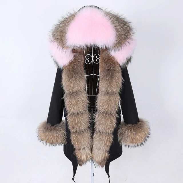 Water - resistant women's trench coats with adjustable cuffs for rainy daysWarm Winter Natural Fox Fur Collar and Sleeves Black Coat Jacket for Women