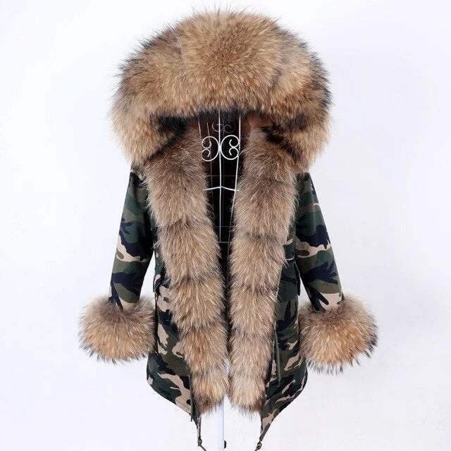Women's faux fur coats in bright colors for a bold fashion statementWarm Winter Natural Racoon Fur Collar Camouflage Pattern Coat Jacket for Women