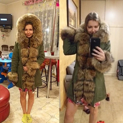 Plus size women's wool blend coats for a warm and stylish winterWarm Winter Style Army Green Natural Fur Collar Coat Parka Jacket for Women
