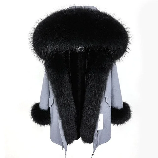 Women's long - sleeve wool coats in a houndstooth pattern for a classic charmWarm Winter Style Black Natural Fur Collar Coat Parka Jacket for Women Women's long - sleeve wool coats in a houndstooth pattern for a classic charmWarm Winter Style Black Natural Fur Collar Coat Parka Jacket for Women