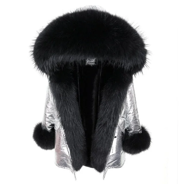 Quilted down women's coats with removable hoods for outdoor activitiesWarm Winter Style Black Natural Fur Collar Silver Color Coat Jacket for Women Quilted down women's coats with removable hoods for outdoor activitiesWarm Winter Style Black Natural Fur Collar Silver Color Coat Jacket for Women