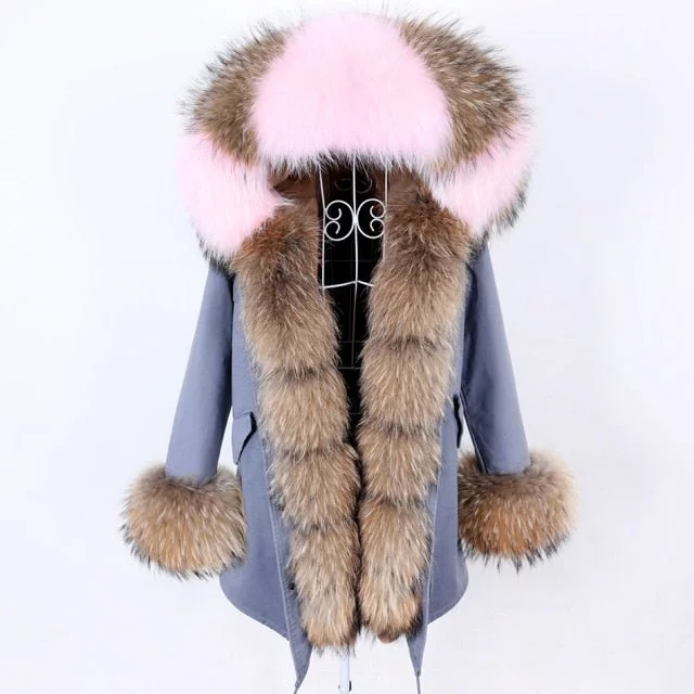 Quilted down women's coats with removable hoods for outdoor activitiesWarm Winter Style Blue and Gray Natural Fur Collar Coat Parka Jacket for Women