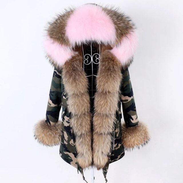 Water - resistant women's trench coats with adjustable cuffs for rainy daysWarm Winter Style Camo Pattern Natural Fur Collar Coat Parka Jacket for Women
