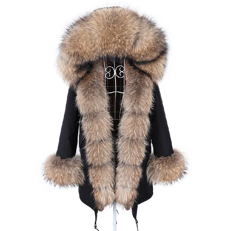 Women's pea coats with brass buttons for a nautical - inspired styleWarm Winter Style Contrast Natural Fur Collar Black Coat Jacket for Women