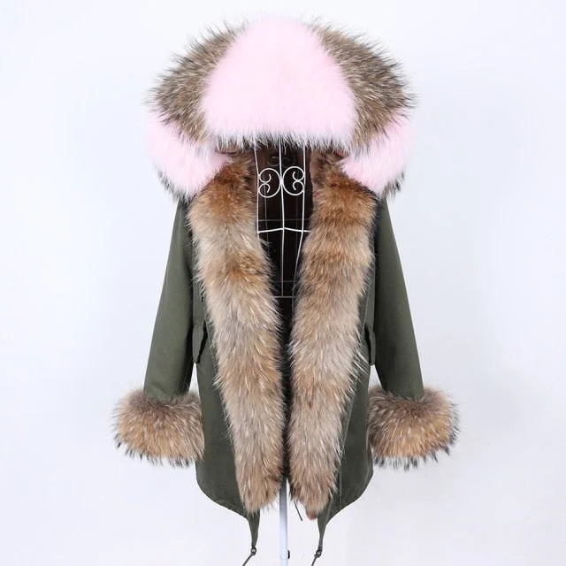 Women's long - sleeve wool coats in a houndstooth pattern for a classic charmWarm Winter Style Natural Fox Fur Collar Army Green Coat Jacket for Women Women's long - sleeve wool coats in a houndstooth pattern for a classic charmWarm Winter Style Natural Fox Fur Collar Army Green Coat Jacket for Women