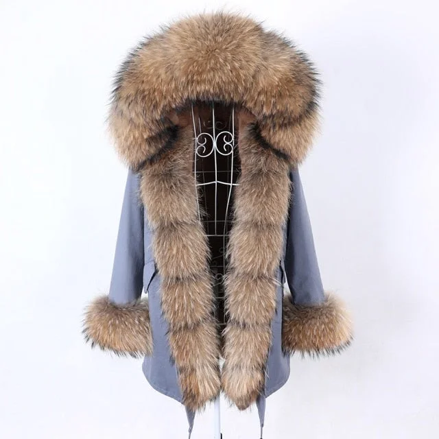 Checkered women's wool coats in a classic pattern for a timeless styleWarm Winter Style Natural Fox Fur Collar Blue and Gray Coat Jacket for Women