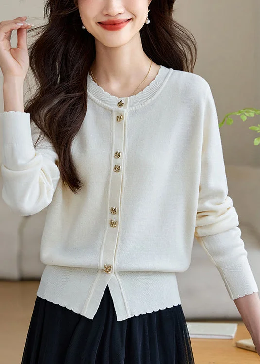 Women's waterproof parka coats with multiple pockets for practicalityWhite Button Solid Wool Knit Fall Coats O Neck