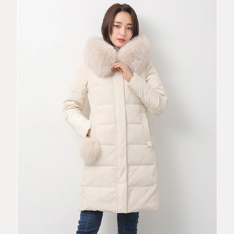 Women's waterproof parka coats with multiple pockets for practicalitywhite down jacket woman casual fuzzy ball decorated down jacket fur collar winter outwear