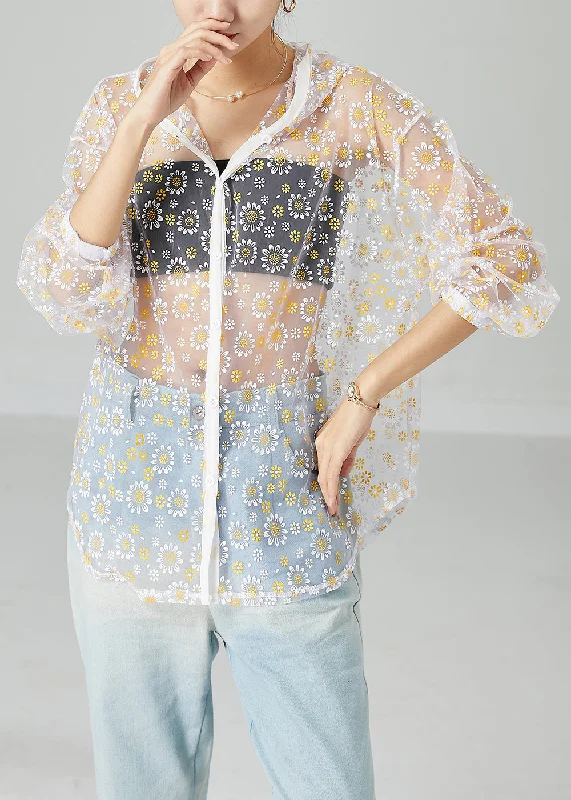 Water - resistant women's trench coats with adjustable cuffs for rainy daysWhite Hollow Out Tulle UPF 50+ Coat Jacket Hooded Print Summer Water - resistant women's trench coats with adjustable cuffs for rainy daysWhite Hollow Out Tulle UPF 50+ Coat Jacket Hooded Print Summer