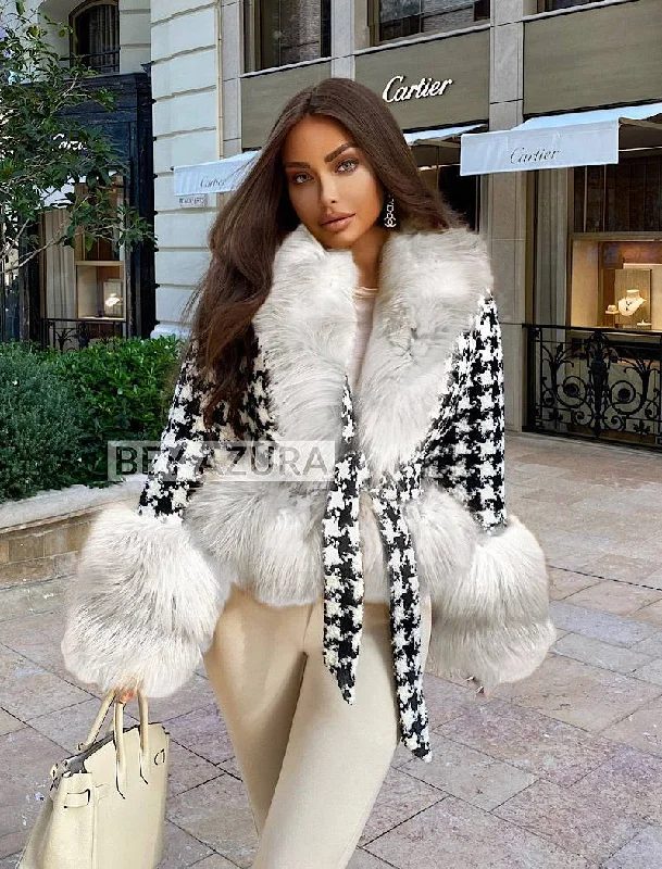 Plus size women's wool blend coats for a warm and stylish winterHoundstooth White Fox Fur Trim Belted Wool Jacket Plus size women's wool blend coats for a warm and stylish winterHoundstooth White Fox Fur Trim Belted Wool Jacket