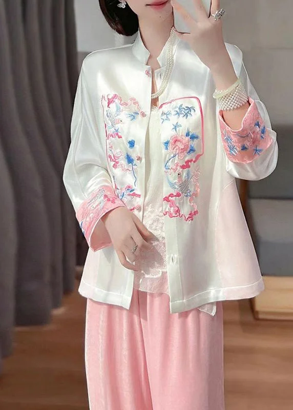 Belted women's cashmere coats in soft pastels for a luxurious feelWhite Oriental Silk Coat Mandarin Collar Embroideried Spring Belted women's cashmere coats in soft pastels for a luxurious feelWhite Oriental Silk Coat Mandarin Collar Embroideried Spring