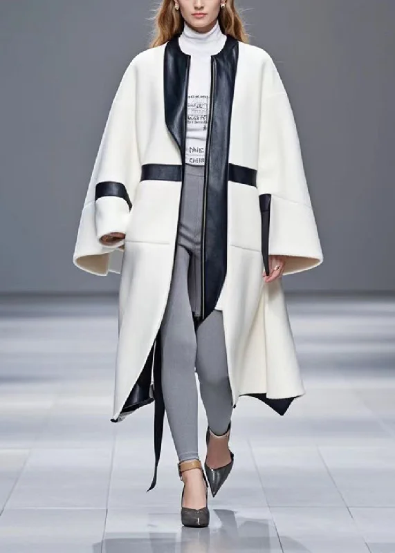 Mid - length women's down coats in a slim fit for a modern and sleek appearanceWhite Patchwork Woolen Coat Asymmetrical Design Fall