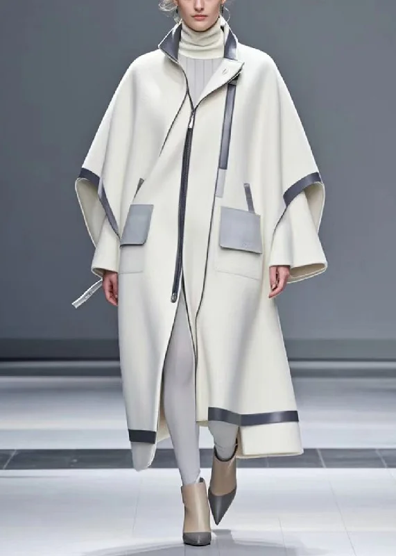 Plus size women's wool blend coats for a warm and stylish winterWhite Patchwork Woolen Coat Oversized Batwing Sleeve