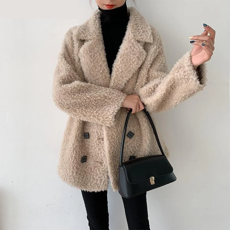 Women's longline double - breasted camel coats for a sophisticated lookWinter Casual Korean Women's Real Sheep Shearling Wool Coats & Jackets Women's longline double - breasted camel coats for a sophisticated lookWinter Casual Korean Women's Real Sheep Shearling Wool Coats & Jackets