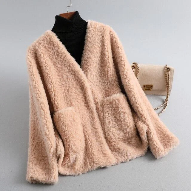 Women's longline double - breasted camel coats for a sophisticated lookWinter Casual Women's Solid Sheep Shearling Fur V-neck Short Coats & Jackets Women's longline double - breasted camel coats for a sophisticated lookWinter Casual Women's Solid Sheep Shearling Fur V-neck Short Coats & Jackets