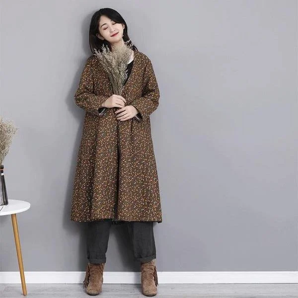 Belted women's cashmere coats in soft pastels for a luxurious feelWinter Fashion V-neck Floral Print Cotton Linen Long Coat  Casual Women Outerwear