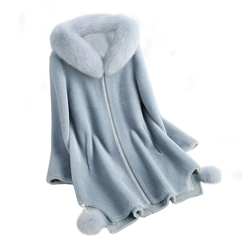 Shearling - lined women's leather coats for ultimate warmth and luxuryWinter Female Real Sheep Shearling Fur Long Hooded Coats & Jackets