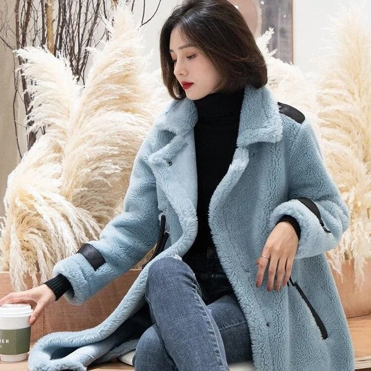 Women's reversible down coats with two - tone designs for versatile stylingWinter Korean Fashion Female Real Sheep Shearling Fur Long Coats & Jackets