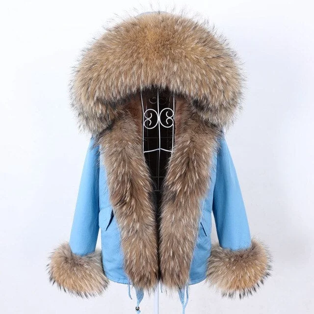 Women's longline double - breasted camel coats for a sophisticated lookWinter Parkas with Natural Racoon Fur Trim on Sleeves and Collar for Women
