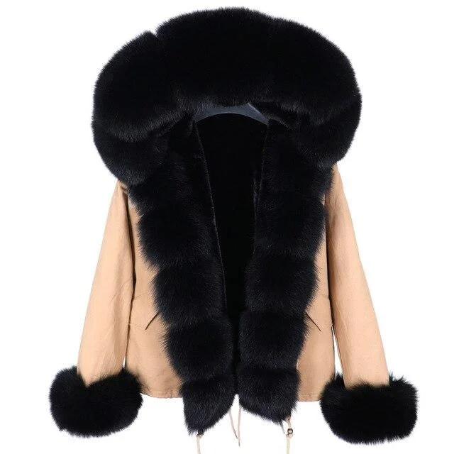 Embroidered women's cotton coats in a bohemian pattern for a unique designWinter Short Women's Slim Natural Raccoon Real Fox Fur Hood Coats & Jackets