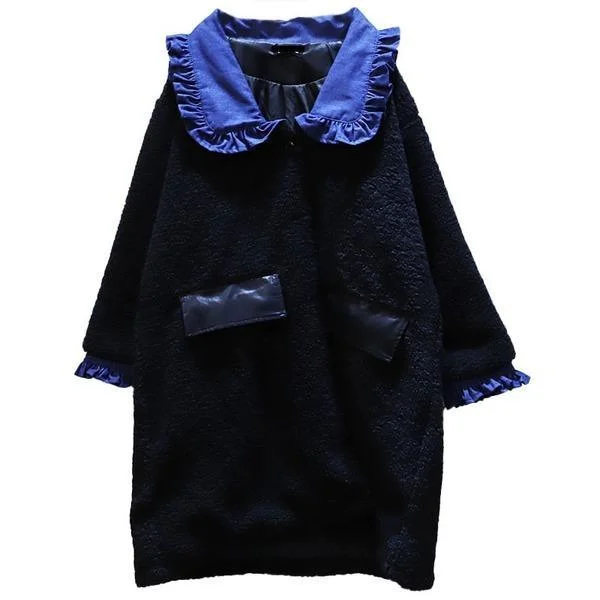 Long women's mac coats in a lightweight fabric for spring showersWinter The New Contrast Color Peter Pan Collar Pleated Casual Keep Warm Coat