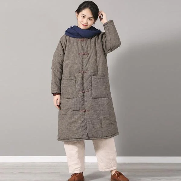 Women's longline double - breasted camel coats for a sophisticated lookWinter Vintage Plaid Double Breasted Cotton Linen Thick Coats Women's longline double - breasted camel coats for a sophisticated lookWinter Vintage Plaid Double Breasted Cotton Linen Thick Coats