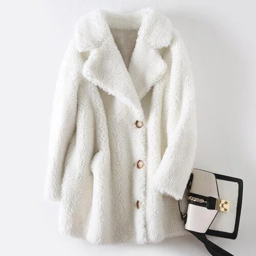 Women's knee - length wool blend coats with a fur collar for added warmthWinter Warm Korean Style Women's Sheep Shearling Wool Fur Coats & Jackets