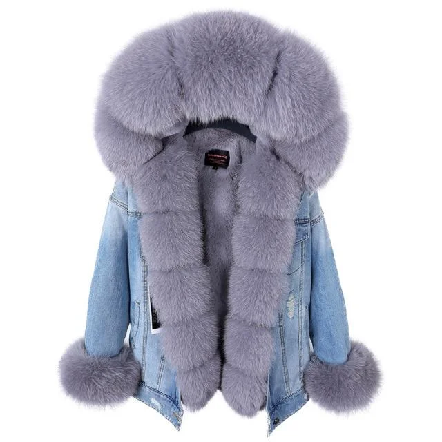 Belted women's cashmere coats in soft pastels for a luxurious feelWinter Warm Women's Natural Rabbit Fur Fox Fur Lined Denim Coat & Jacket