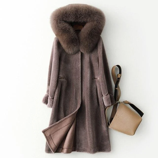 Oversized women's wool coats in a monochromatic look for a trendy outfitWinter Women's Solid Natural Sheep Shearing Fox Fur Hooded Coats & Jackets Oversized women's wool coats in a monochromatic look for a trendy outfitWinter Women's Solid Natural Sheep Shearing Fox Fur Hooded Coats & Jackets