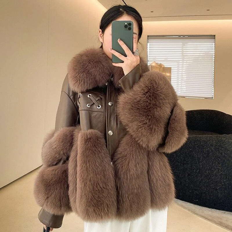Hooded women's puffer coats in neon colors for high - visibility sportsWinter Women's Solid Thick Warm Fox Fur Leather Jackets & Coats Outerwear