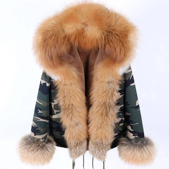 Women's longline double - breasted camel coats for a sophisticated lookWinter Women's Thick Natural Raccoon Fur Hood Zipper Short Coats & Jackets