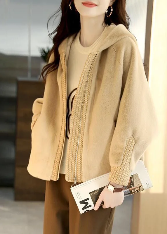 Belted women's cashmere coats in soft pastels for a luxurious feelWomen Apricot Hooded Patchwork Faux Fur Coats Winter