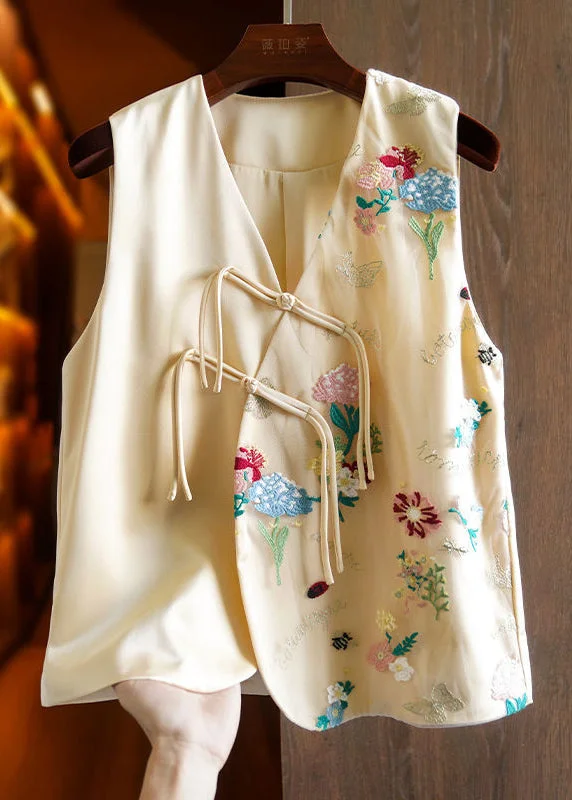 Hooded women's puffer coats in neon colors for high - visibility sportsWomen Apricot V Neck Embroidered Floral Button Patchwork Tulle Waistcoat Sleeveless