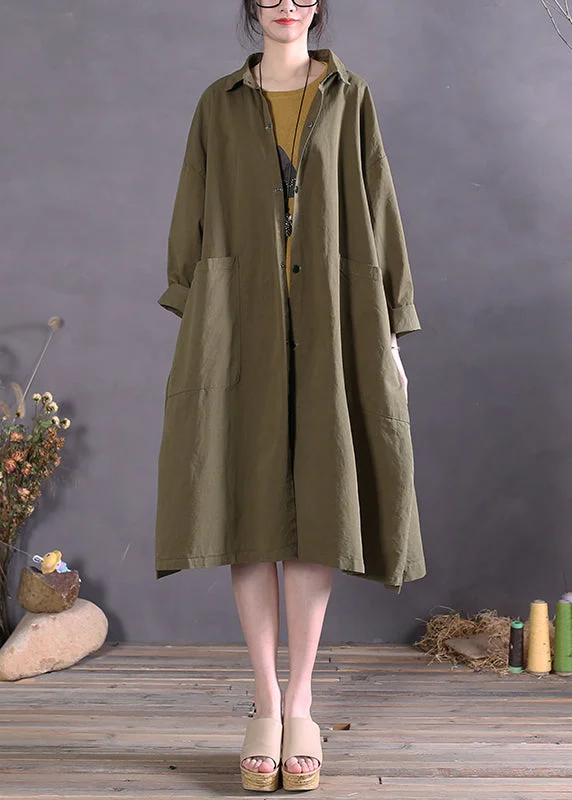 Belted women's cashmere coats in soft pastels for a luxurious feelWomen Army Green Peter Pan Collar Button Cotton Trench Coats Long Sleeve