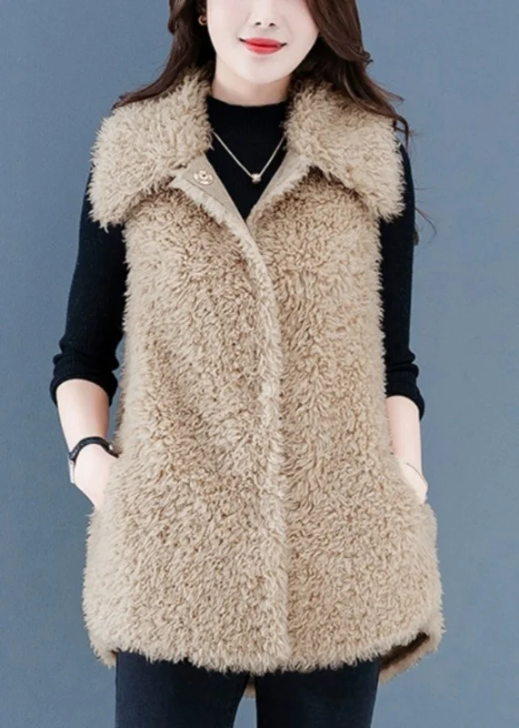 Women's long - sleeve wool coats in a houndstooth pattern for a classic charmWomen Beige Button Pockets Teddy Faux Fur Waistcoat Sleeveless