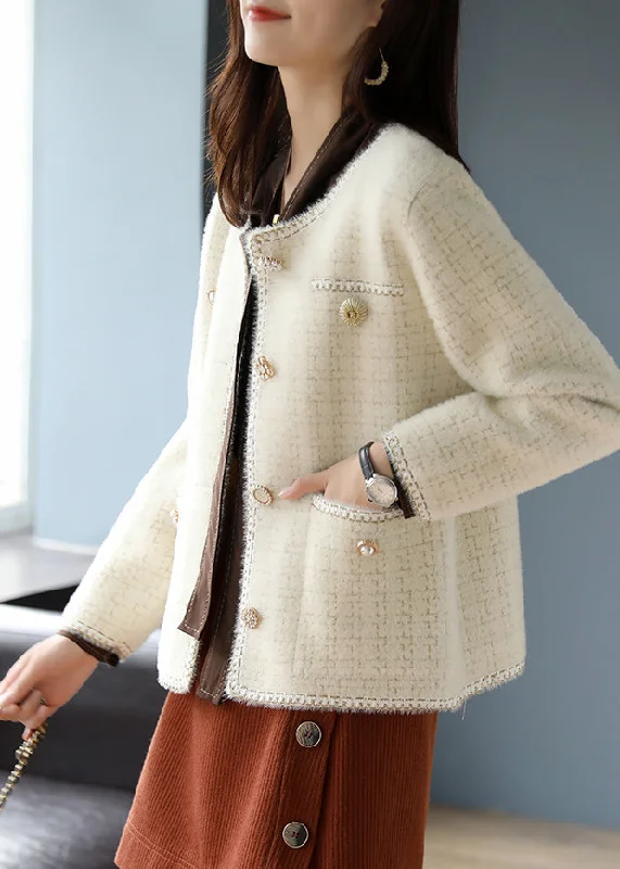 Women's knee - length wool blend coats with a fur collar for added warmthWomen Beige O-Neck Plaid Cotton Coats Spring Women's knee - length wool blend coats with a fur collar for added warmthWomen Beige O-Neck Plaid Cotton Coats Spring
