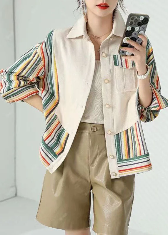 Quilted down women's coats with removable hoods for outdoor activitiesWomen Beige Peter Pan Collar Pockets Striped Patchwork Cotton Coat Fall Quilted down women's coats with removable hoods for outdoor activitiesWomen Beige Peter Pan Collar Pockets Striped Patchwork Cotton Coat Fall