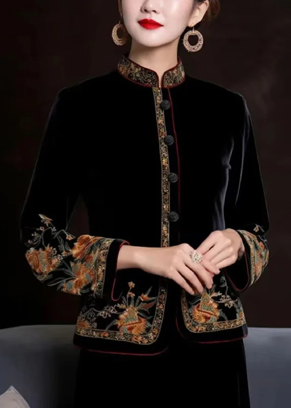 Plus size women's wool blend coats for a warm and stylish winterWomen Black Embroideried Button Silk Coats Long Sleeve Plus size women's wool blend coats for a warm and stylish winterWomen Black Embroideried Button Silk Coats Long Sleeve