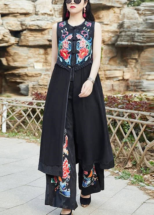 Mid - length women's down coats in a slim fit for a modern and sleek appearanceWomen Black Embroideried Chinese Button Patchwork Silk Long Waistcoat Sleeveless Mid - length women's down coats in a slim fit for a modern and sleek appearanceWomen Black Embroideried Chinese Button Patchwork Silk Long Waistcoat Sleeveless