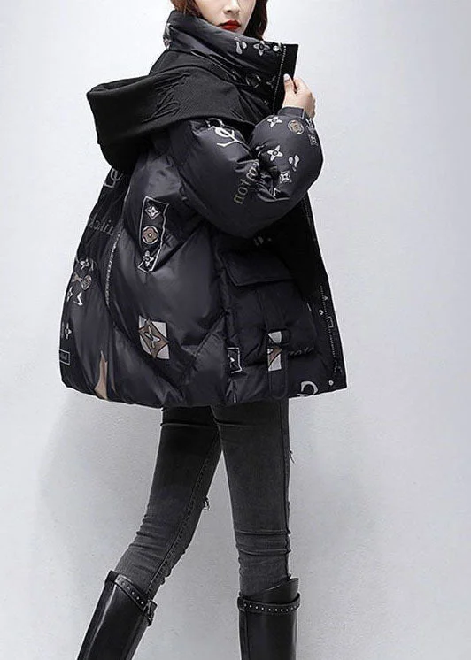Petite women's wool blend coats with a tailored fit for a flattering silhouetteWomen Black Letter Print Hooded Scarf Duck Down Down Coat Winter