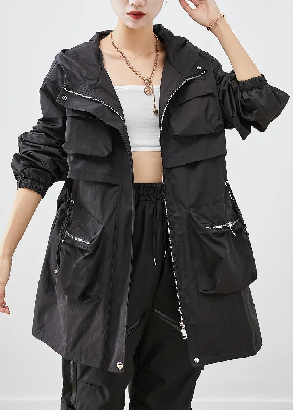 Women's cropped leather coats with silver studs for an edgy lookWomen Black Oversized Patchwork Pockets Spandex Coat Fall Women's cropped leather coats with silver studs for an edgy lookWomen Black Oversized Patchwork Pockets Spandex Coat Fall